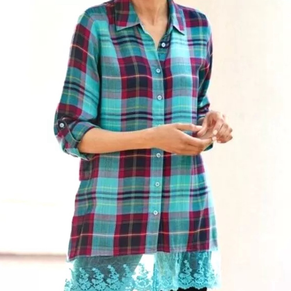 Soft Surroundings Turquoise Red Blue Plaid Lace Hem Adeline Tunic Shirt Sz PL